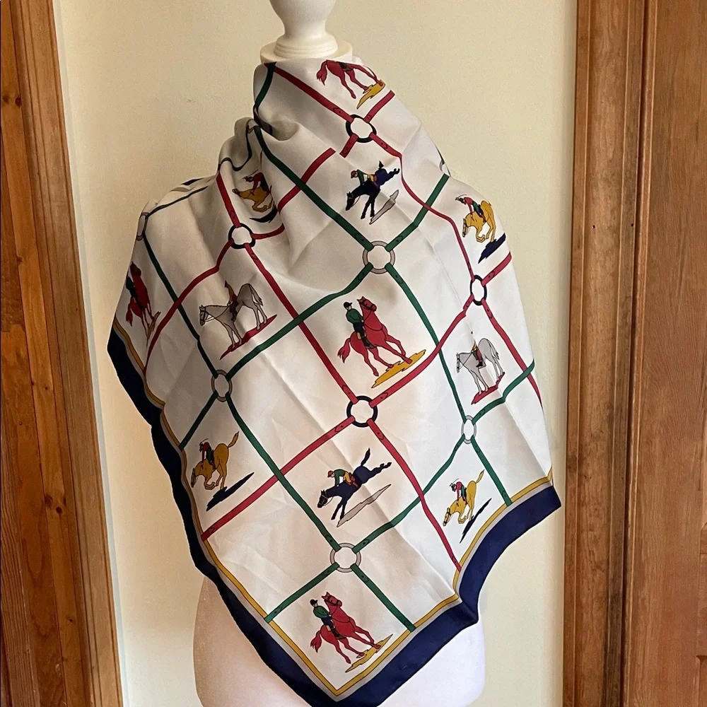 Vintage Multicolor Equestrian Horse Racing Square Italian Scarf - Picture 4 of 16